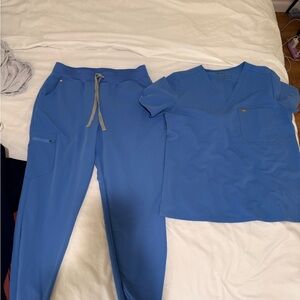 Blue Scrub Set with V-Neck Top and Drawstring Pants